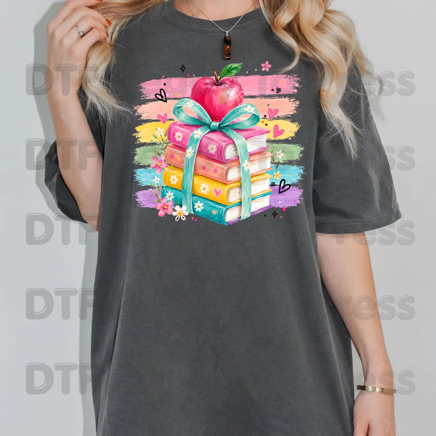 Coquette Stacked Books DTF Transfers, Apple Ribbon Colorful Teacher Brushstrokes Ready to Press