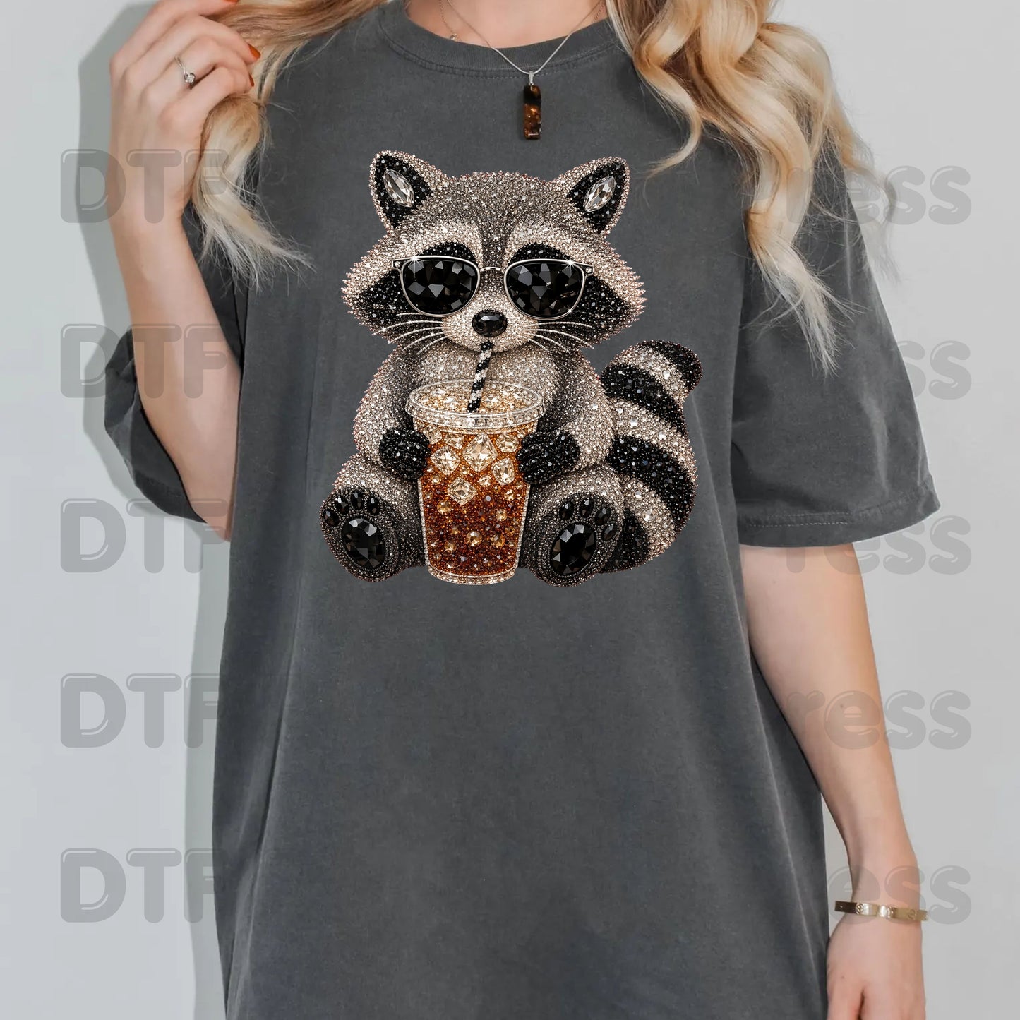 Cool Raccoon DTF Transfers, Sunglasses Iced Coffee Trash Panda Rhinestone Ready to Press