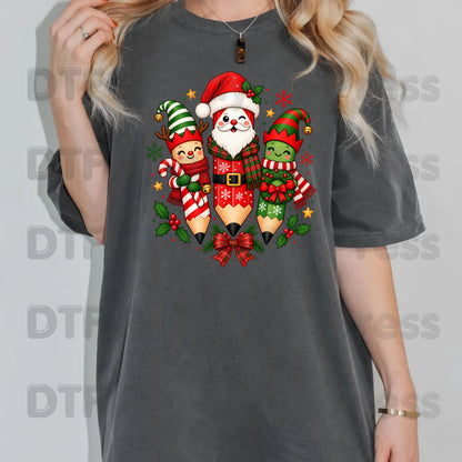 Christmas Teacher Pencils DTF Transfers, Holiday School Elf Santa Cute Teacher Ready to Press