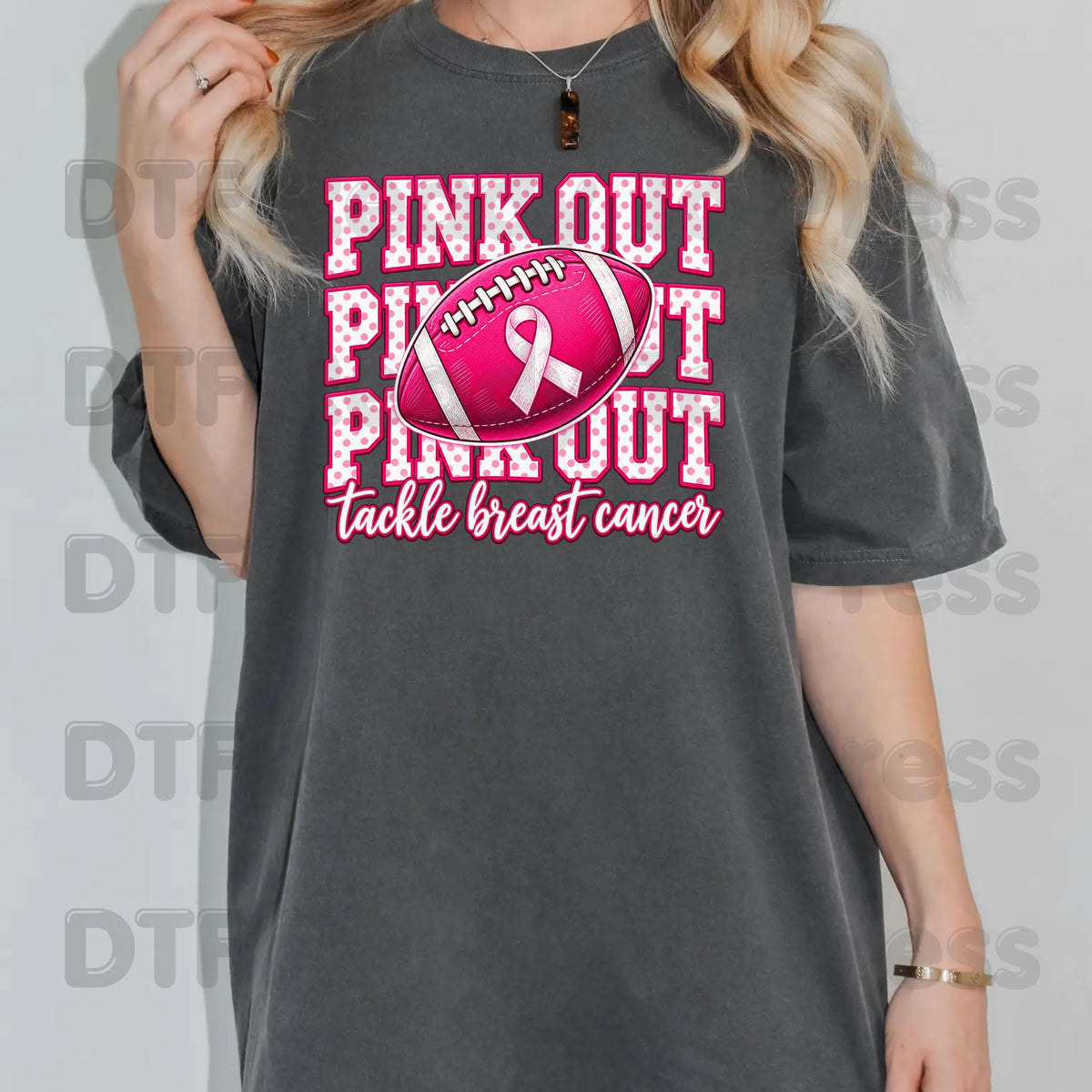 Pink Out DTF Transfers, Tackle Breast Cancer Awareness Football Polka Dot Pink Ready to Press