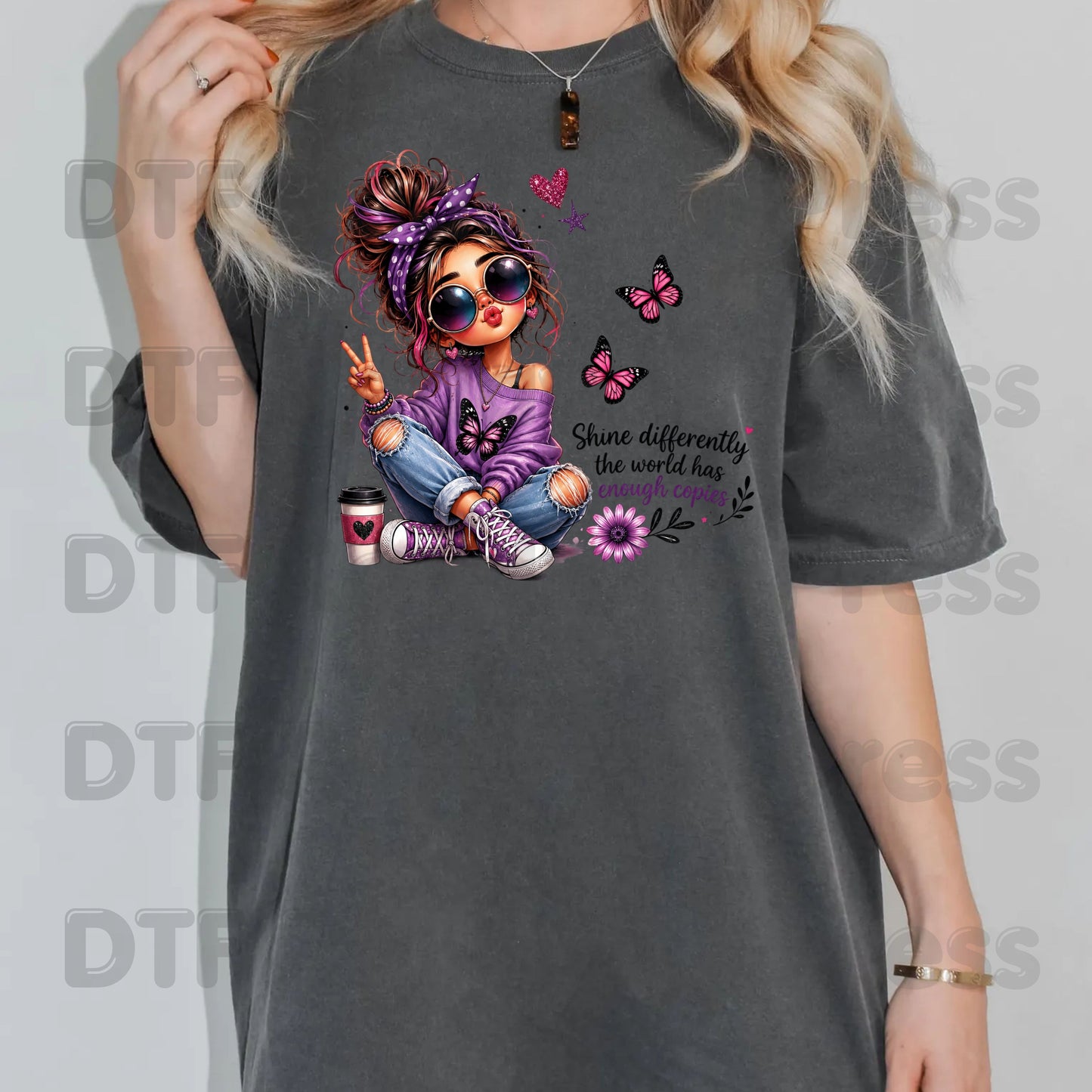 Shine Differently DTF Transfers, Purple Messy Bun Girl Butterfly Coffee Quote Ready to Press