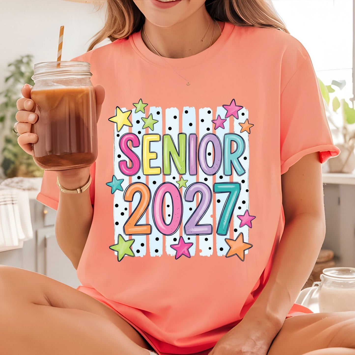 Senior 2027 DTF Transfer Ready to Press Graduation Heat Transfer for Shirts Colorful Pastels Bubble Letters Stars Stripes Tee