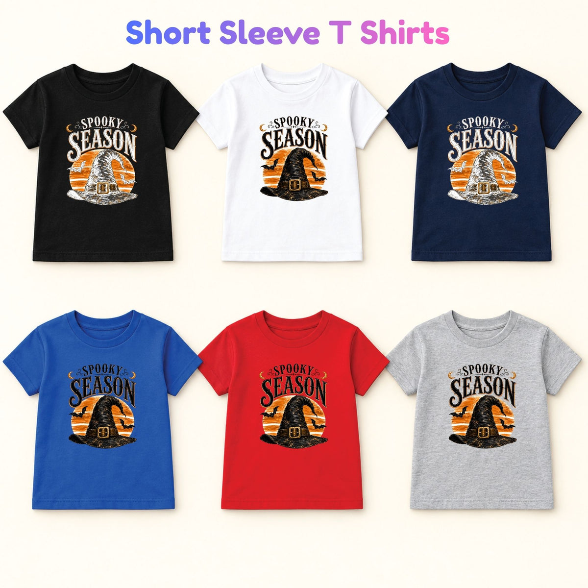 Spooky Season Vintage Witch Hat T-Shirt, Halloween Orange Moon Bats Tee for Toddler and Kids