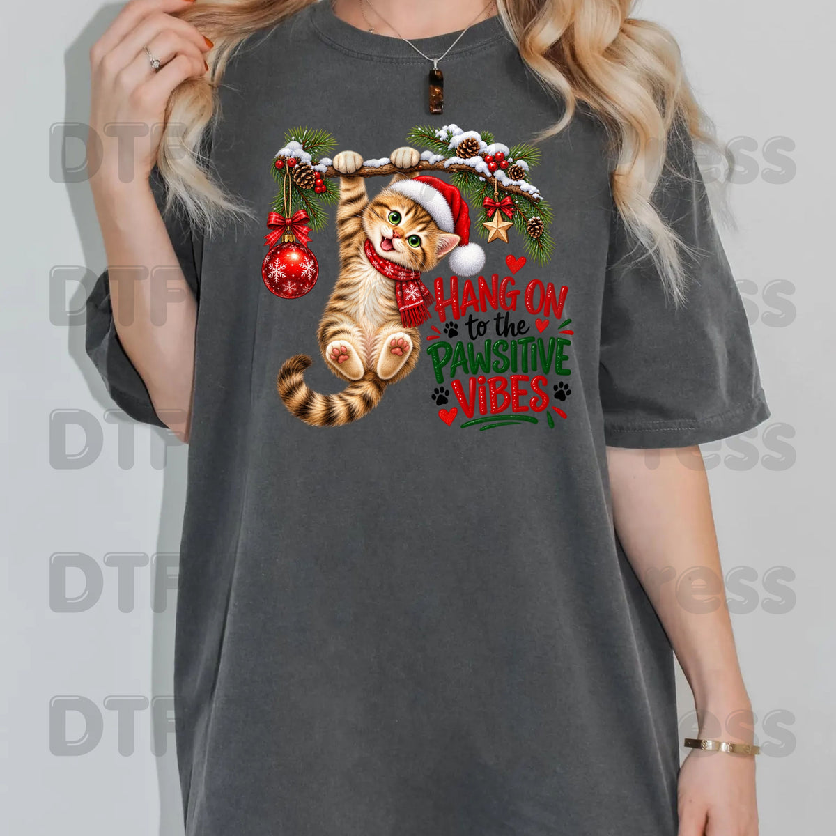 Christmas Cat DTF Transfers, Cute Kitten Santa Hat Hang On Pawsitive Vibes Holiday Ready to Press