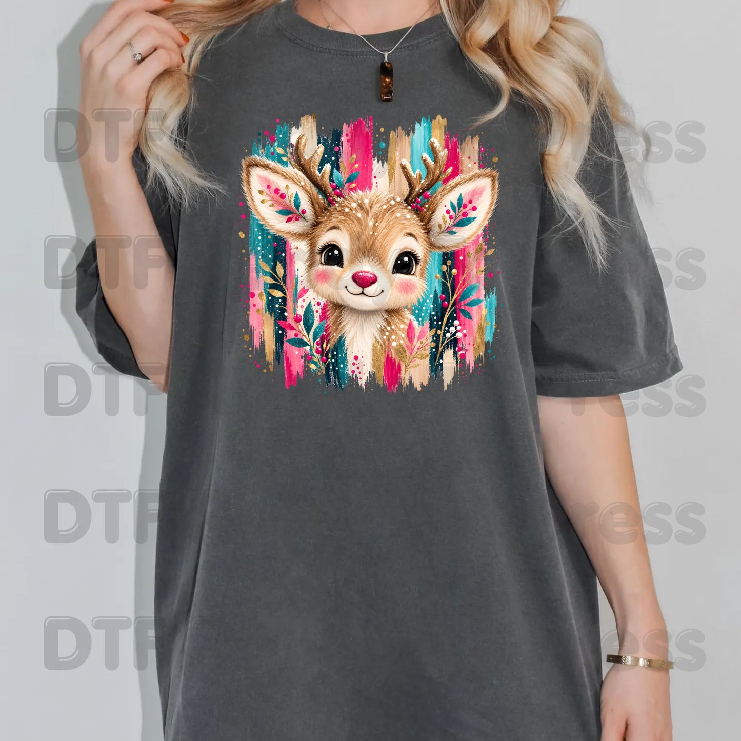 Cute Christmas Reindeer DTF Transfers, Colorful Floral Antlers Pink Teal Gold Holiday Ready to Press.