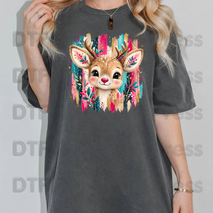 Cute Christmas Reindeer DTF Transfers, Colorful Floral Antlers Pink Teal Gold Holiday Ready to Press.