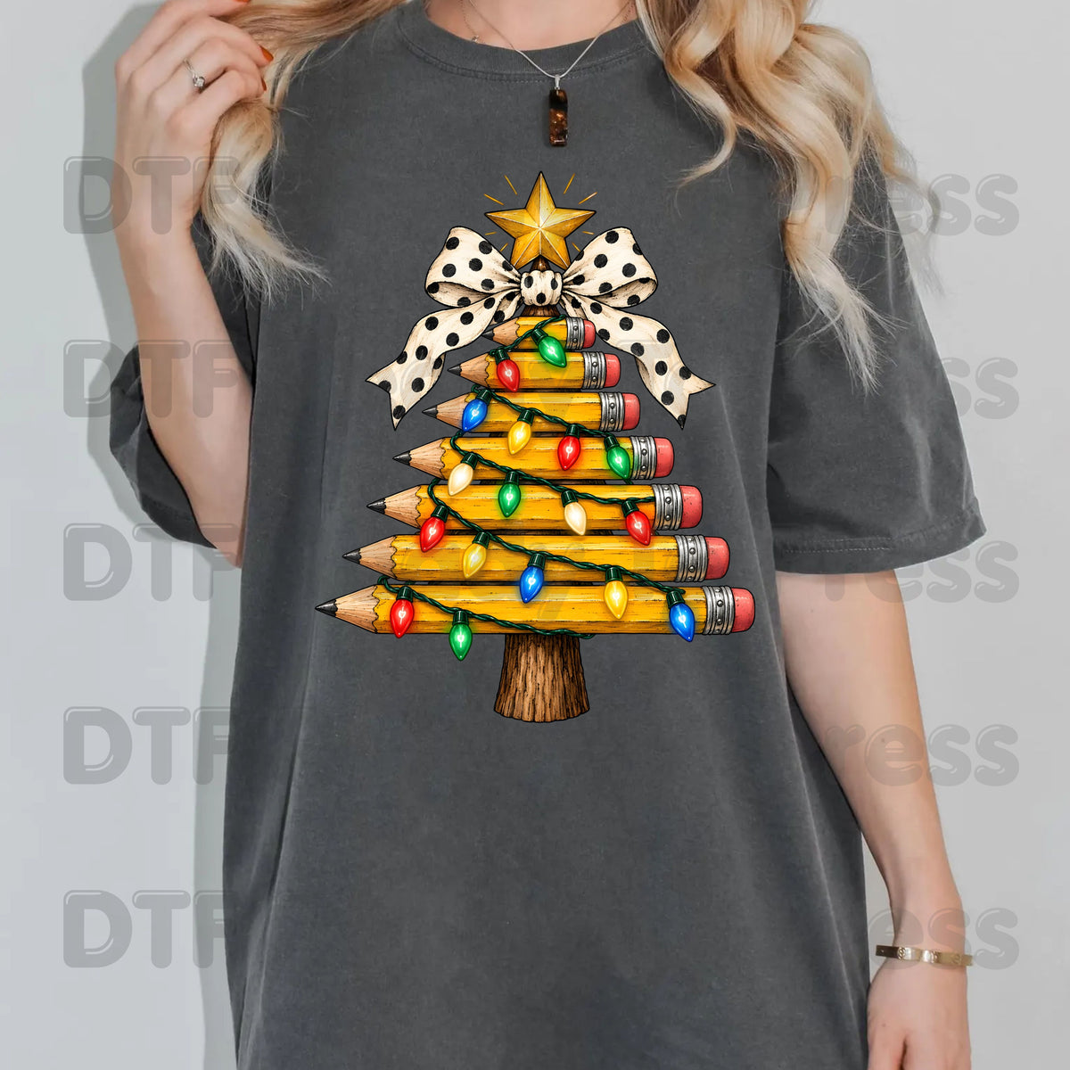 Christmas Teacher Pencil Tree DTF Transfers, School Polka Dot Bow Lights Holiday Ready to Press