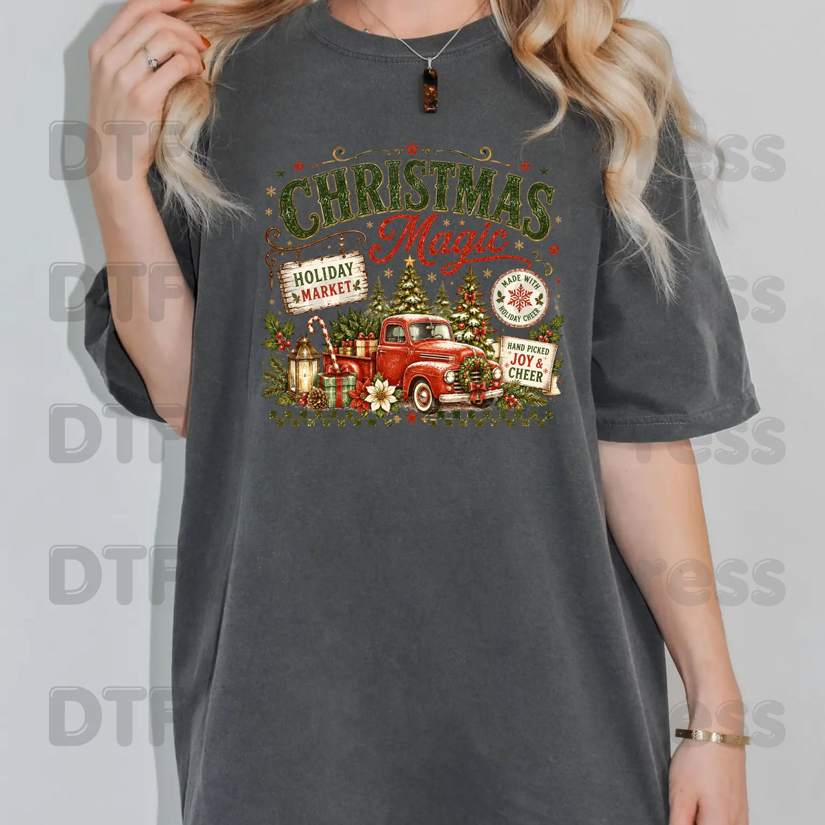Magic Red Truck Christmas DTF Transfers, Tree Holiday Market Vintage Ready to Press