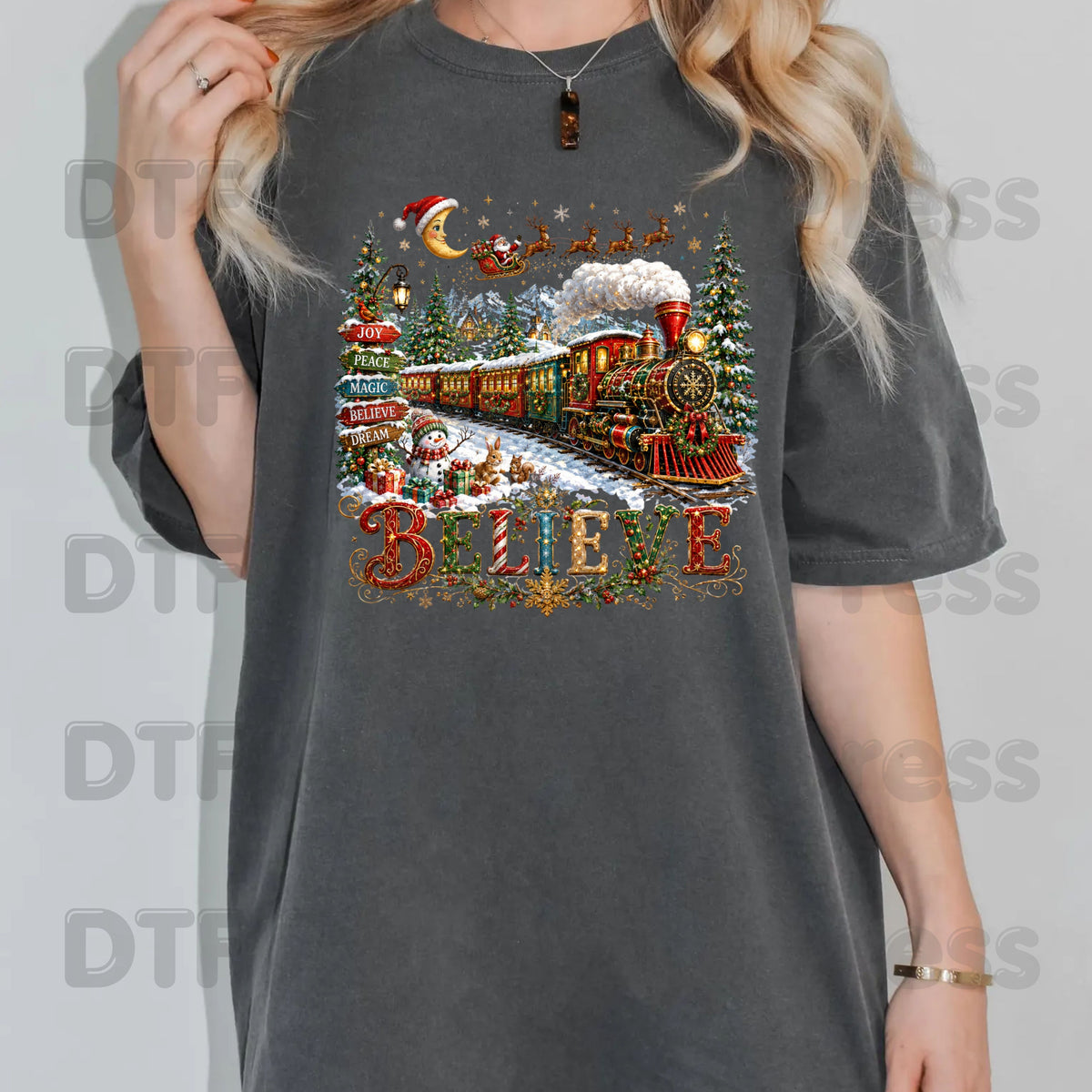 Believe Christmas Express DTF Transfers, Santa Sleigh Vintage Holiday Train Ready to Press