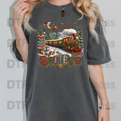 Believe Christmas Express DTF Transfers, Santa Sleigh Vintage Holiday Train Ready to Press