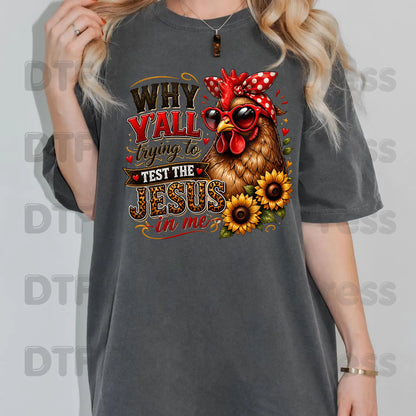 Test the Jesus in Me DTF Transfers, Funny Chicken Bandana Country Christian Quote Ready to Press