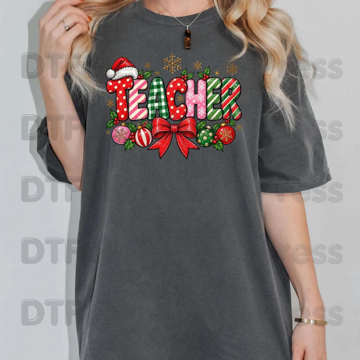 hristmas Teacher DTF Transfers, Holiday School Bow Ornaments Santa Hat Graphic Ready to Press