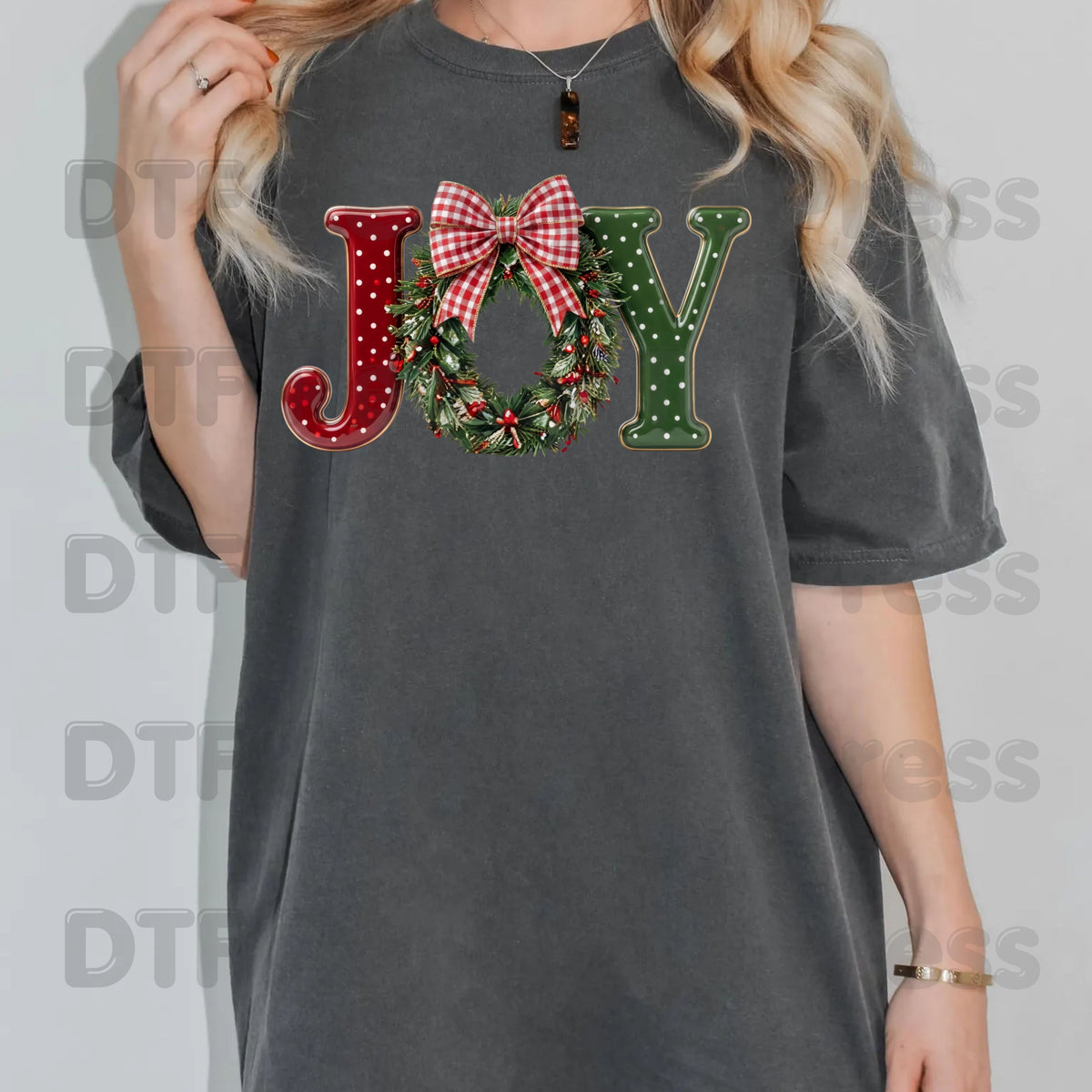 Joy Christmas DTF Transfers, Wreath Plaid Bow Polka Dot Letters Festive Holiday Ready to Press