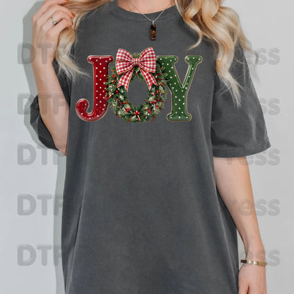 Joy Christmas DTF Transfers, Wreath Plaid Bow Polka Dot Letters Festive Holiday Ready to Press