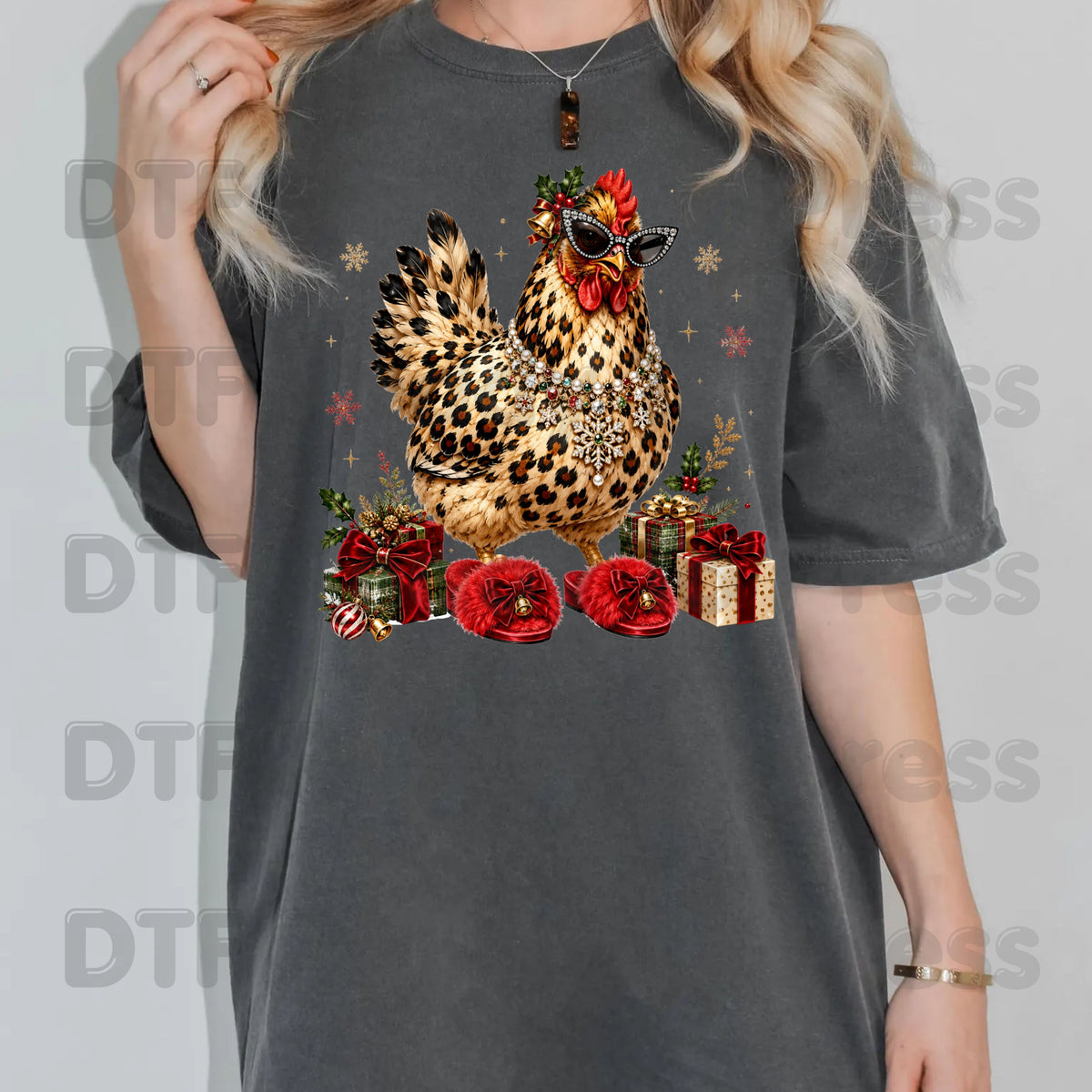 Funny Chicken DTF Transfers, Leopard Print Sunglasses Red Slippers Christmas Holiday Ready to Press