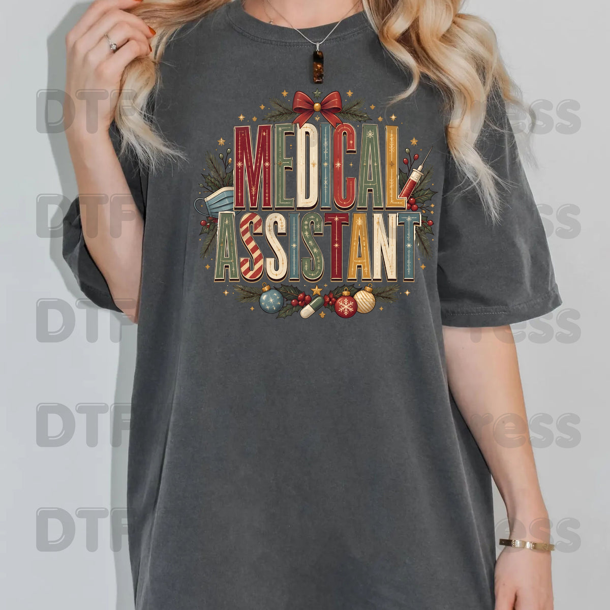 Christmas Medical Assistant DTF Transfers, Holiday Nurse Mask Syringe Bow Medical Ready to Press