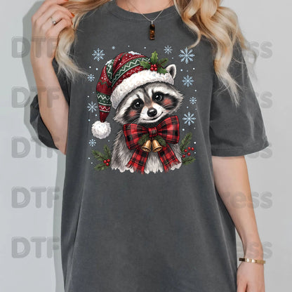 Christmas DTF Transfer, Raccoon Santa Hat, Buffalo Plaid Bow and Bells Graphic