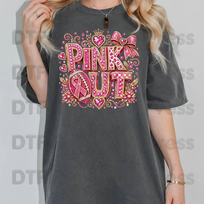 Pink Out DTF Transfers, Breast Cancer Awareness Glitter Football Pink Diamond Ribbon Crown Ready to Press