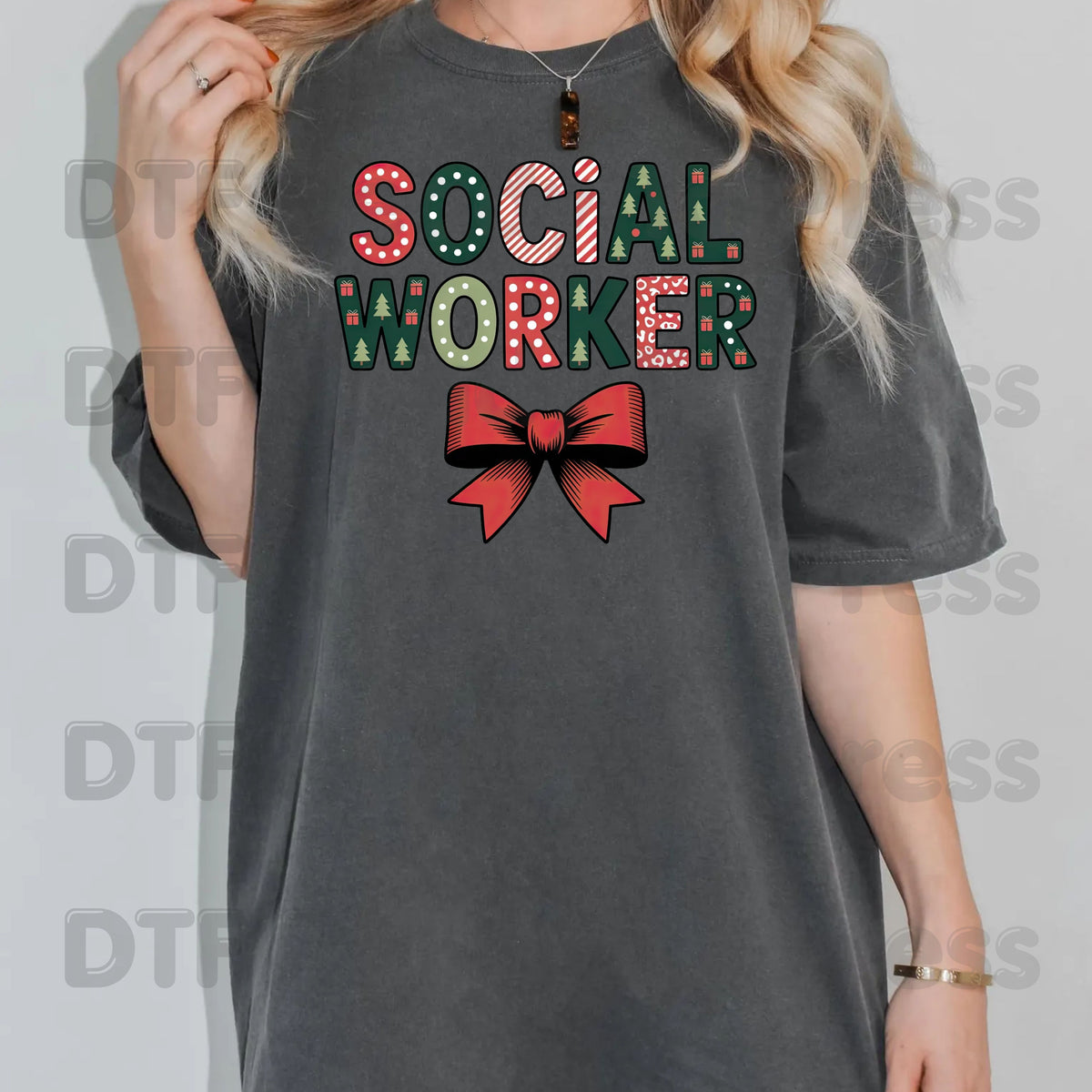 Christmas Social Worker DTF Transfers, Holiday Social Work Red Bow Pattern Ready to Press