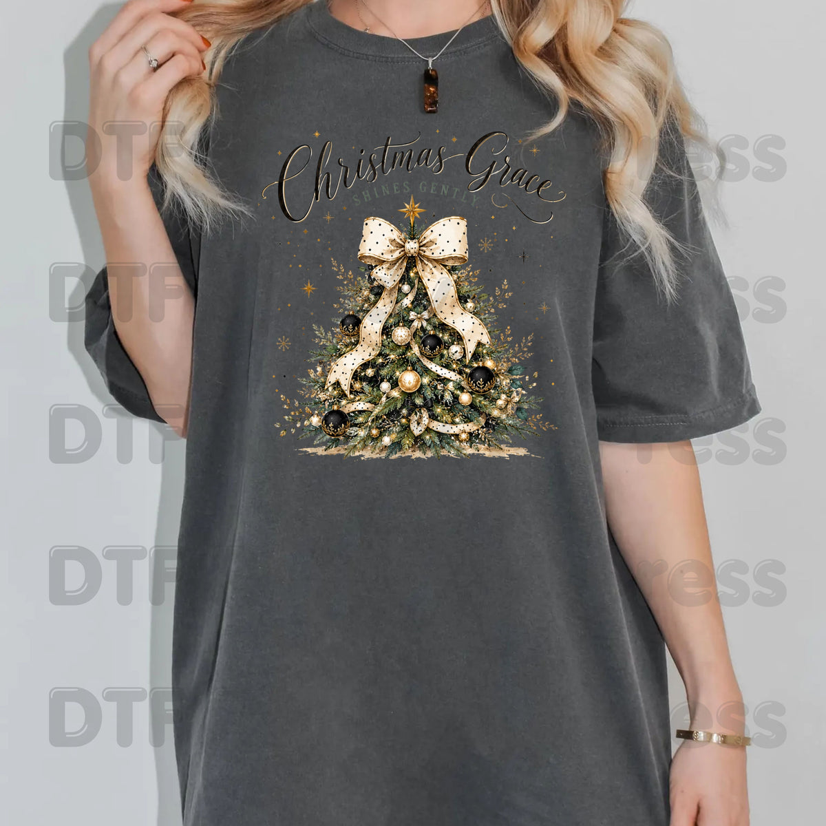 Grace Shines Gently Christmas DTF Transfers, Tree Gold Ribbon Elegant Holiday Ready to Press