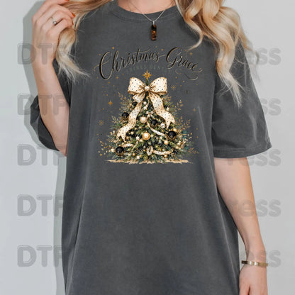 Grace Shines Gently Christmas DTF Transfers, Tree Gold Ribbon Elegant Holiday Ready to Press