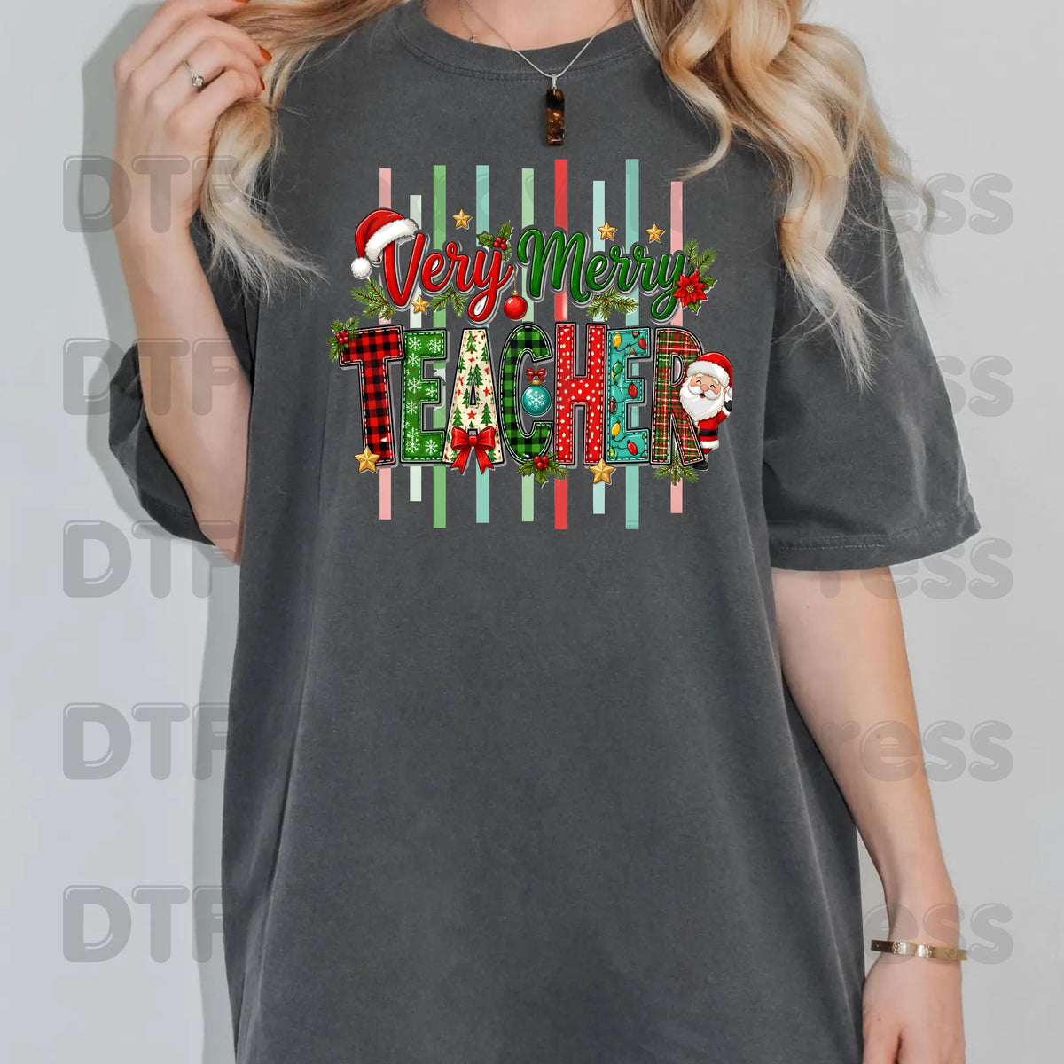 Very Merry Teacher DTF Transfers, Christmas School Plaid Santa Striped Graphic Ready to Press