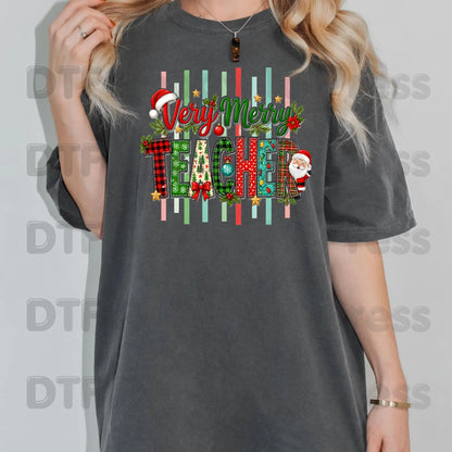 Very Merry Teacher DTF Transfers, Christmas School Plaid Santa Striped Graphic Ready to Press
