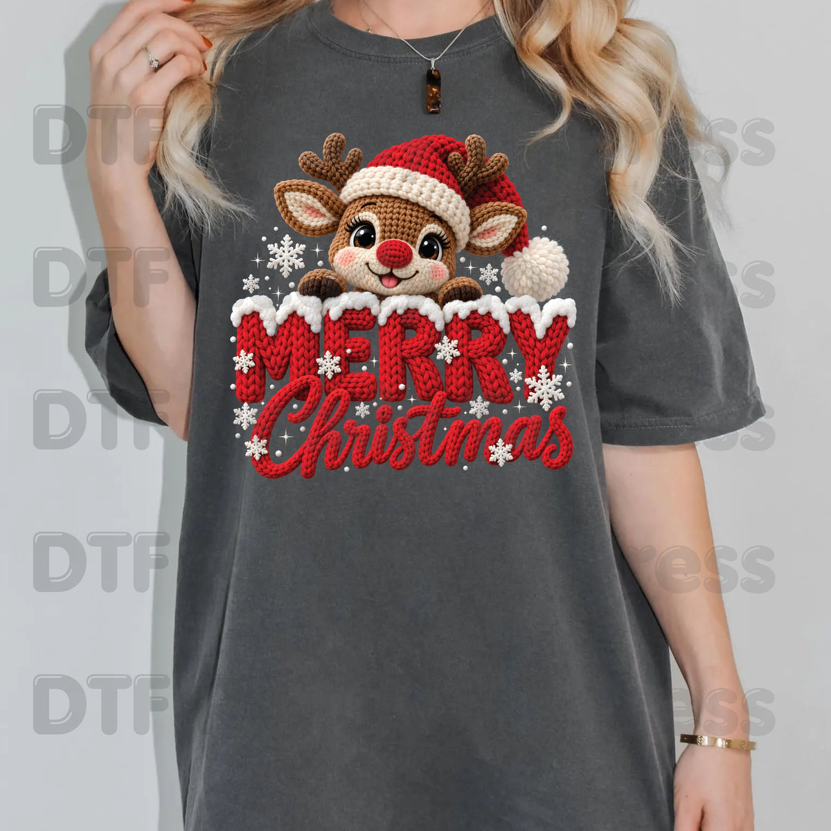 Christmas DTF Transfer, Cute Reindeer Santa Hat, Knitted Letters