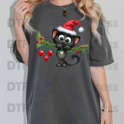 Black Cat Christmas DTF Transfers, Santa Hat Christmas Lights Cute Kitten Holiday Ready to Press