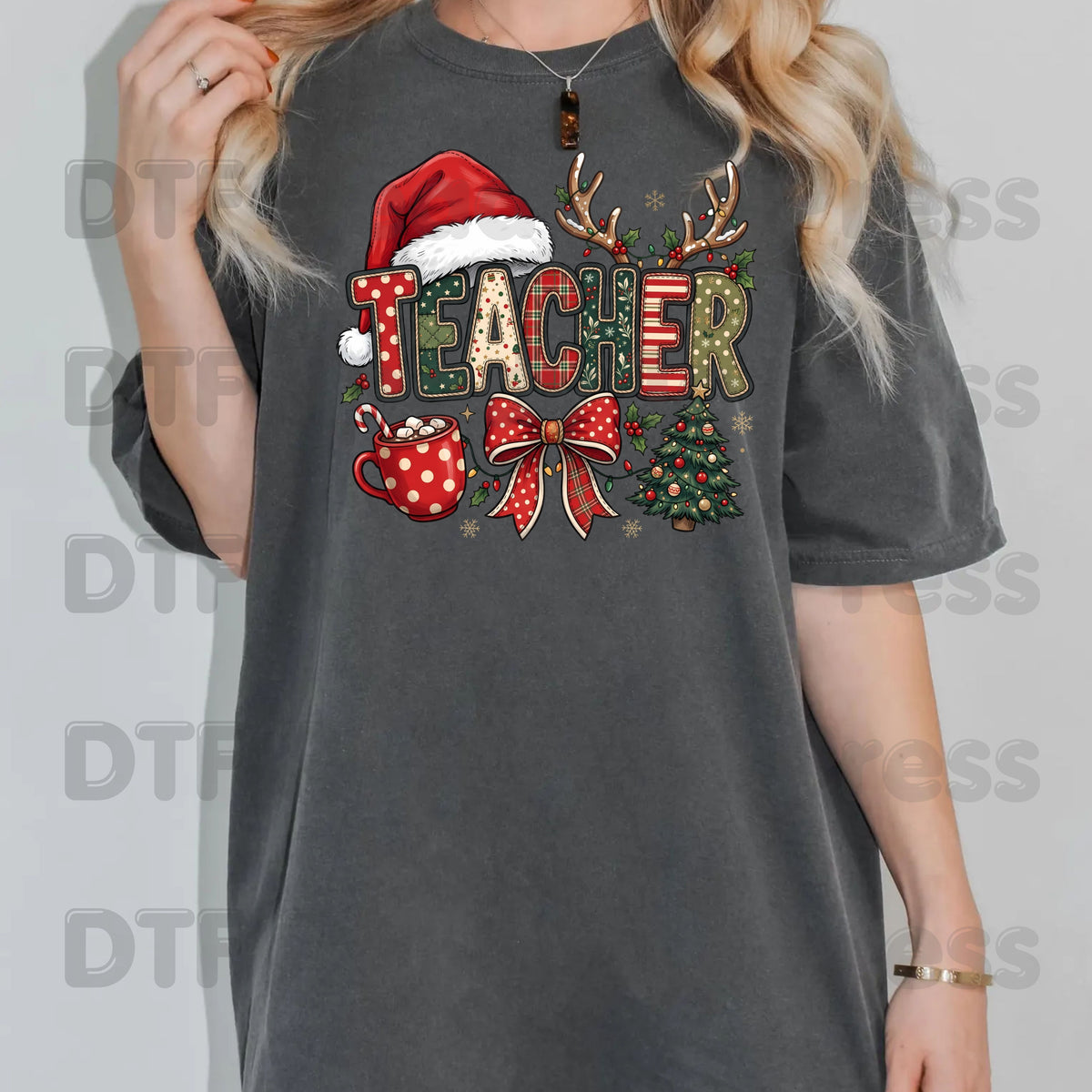 Christmas Teacher Santa Hat DTF Transfers, Holiday School Cocoa Tree Bow Graphic Ready to Press