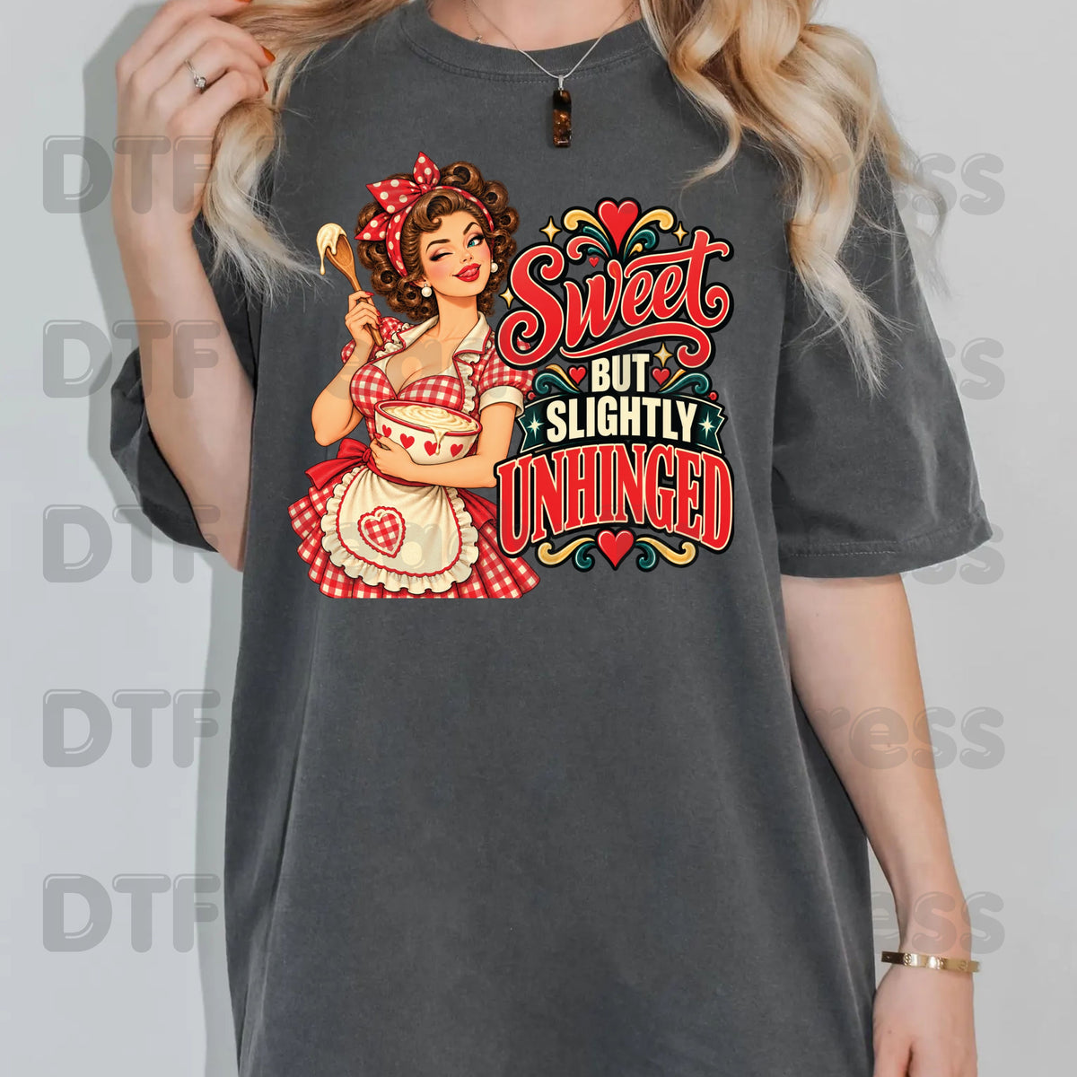 Retro DTF Transfer, Sweet but Slightly Unhinged Pinup Girl Baking Graphic