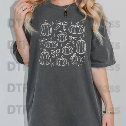 Halloween DTF Transfers, Coquette Pumpkins Bows Line Art Fall Pumpkin Outline Ready to Press