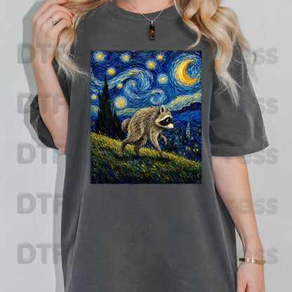 Starry Night Raccoon DTF Transfers, Oil Painting Van Gogh Style Funny Wildlife Art Ready to Press