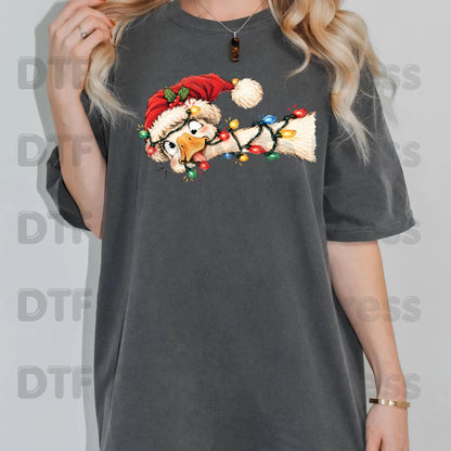 Christmas DTF Transfer, Funny Goose with Tangled Lights and Santa Hat