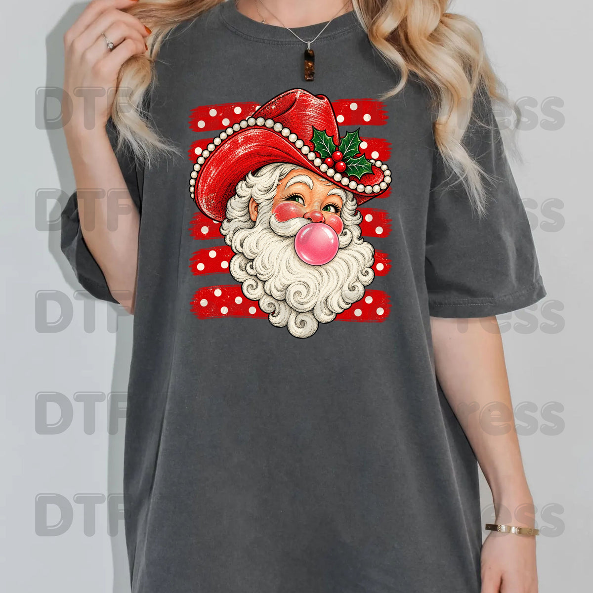 Western Santa DTF Transfers, Christmas Cowboy Hat Bubblegum Pink Vintage Holiday Ready to Press