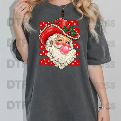 Western Santa DTF Transfers, Christmas Cowboy Hat Bubblegum Pink Vintage Holiday Ready to Press