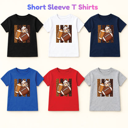 Leopard Football Game Day T-Shirt, Brown Checkered Football Season Tee for Youth
