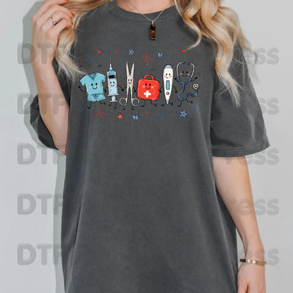 Cute Nurse Life DTF Transfers, Medical Equipment Friends Stethoscope Scrubs Syringe First Aid Healthcare Ready to Press