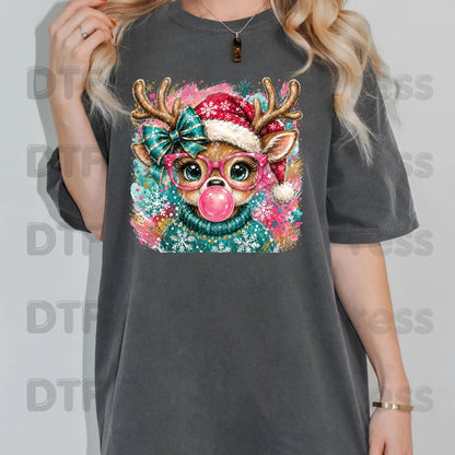 Christmas Reindeer DTF Transfers, Pink Glasses Bubblegum Deer Santa Hat Cute Ready to Press