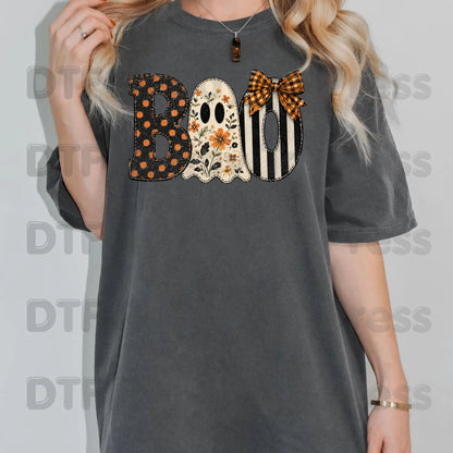 Floral Ghost Halloween DTF Transfers, Boo Orange Polka Dot Coquette Bow Spooky Ready to Press