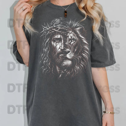 Lion and Jesus DTF Transfers, Lion of Judah Crown of Thorns Christian Faith Sketch Ready to Press