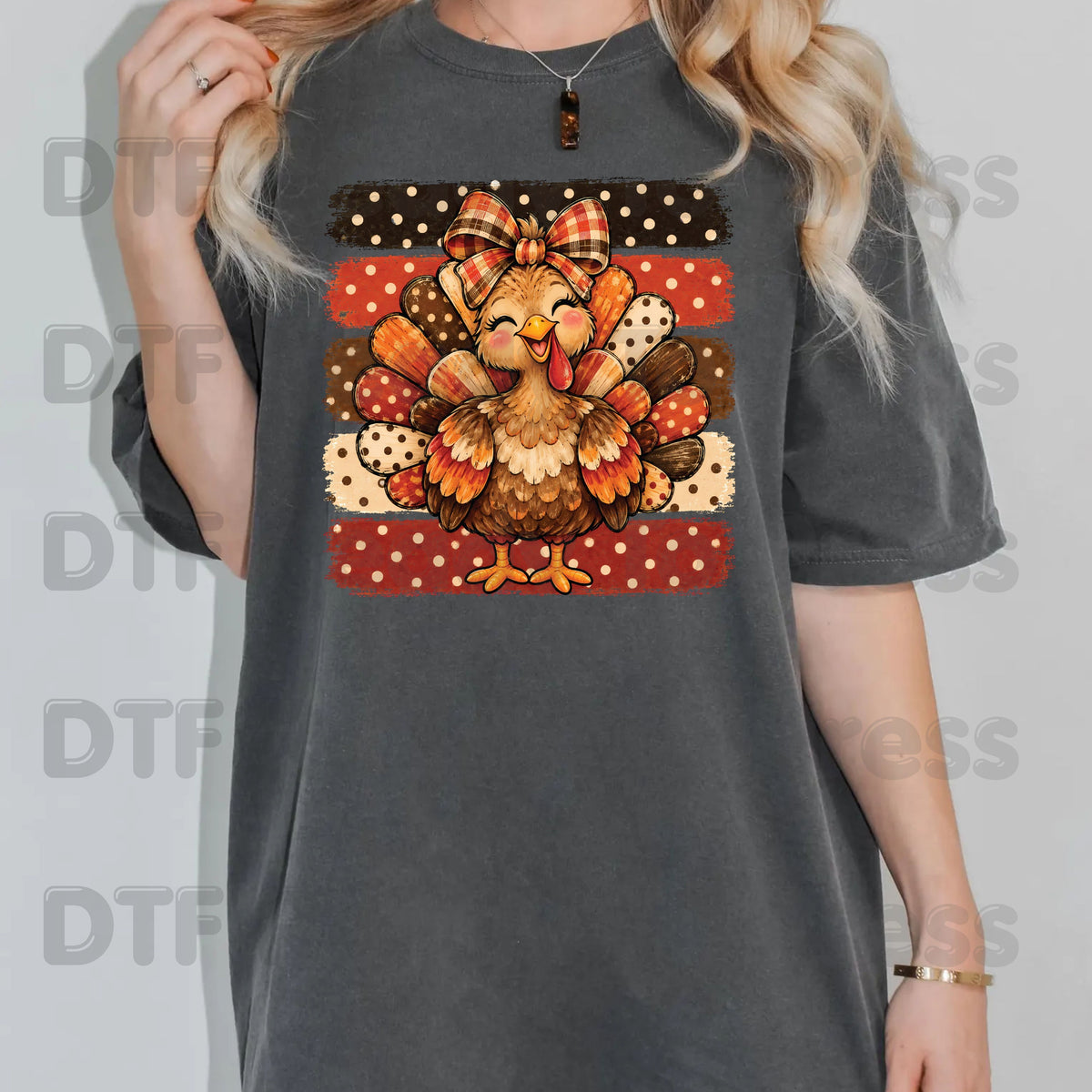Thanksgiving DTF Transfer, Cute Turkey Bow, Polka Dot Stripes