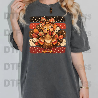 Thanksgiving DTF Transfer, Cute Turkey Bow, Polka Dot Stripes