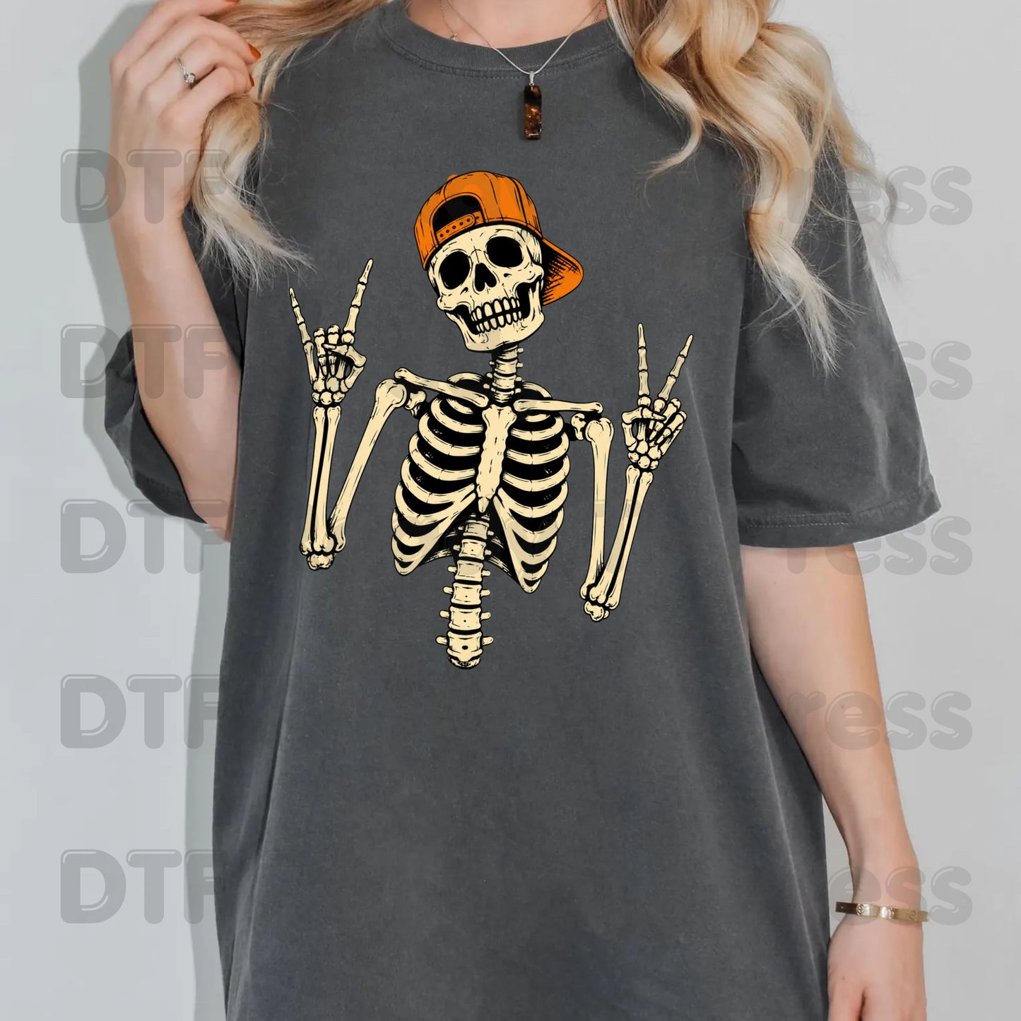 Cool Skeleton DTF Transfers, Rock On Peace Sign Halloween Orange Hat Ready to Press