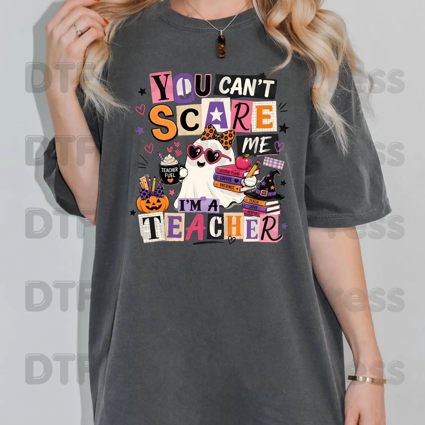 You Can't Scare Me Teacher DTF Transfers, Halloween Ghost Books Coffee Ready to Press