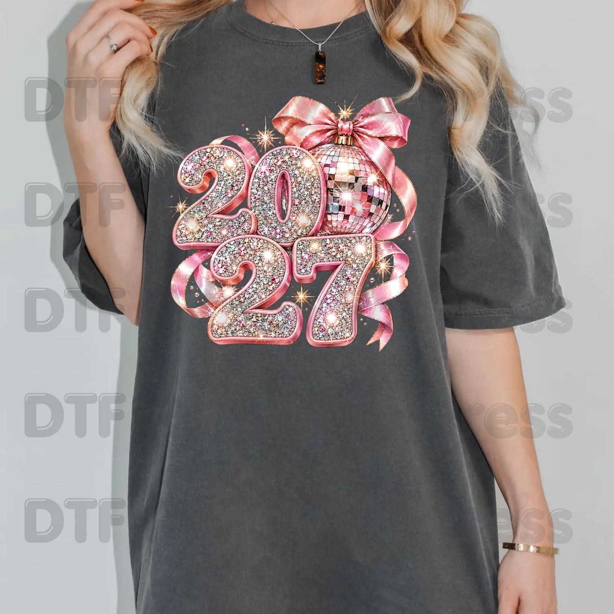 New Year 2027 DTF Transfer, Pink Glitter Numbers, Disco Ball Bow