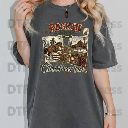 Rockin Around Christmas Tree DTF Transfers, Western Cowboy Barn Country Holiday Ready to Press