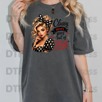 Classy Never Goes Out of Style DTF Transfers, Vintage Pinup Girl Polka Dot Bow Ready to Press