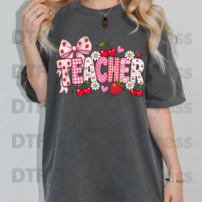 Teacher Coquette Pink DTF Transfers, Strawberries Cherries Bow School Educator Ready to Press