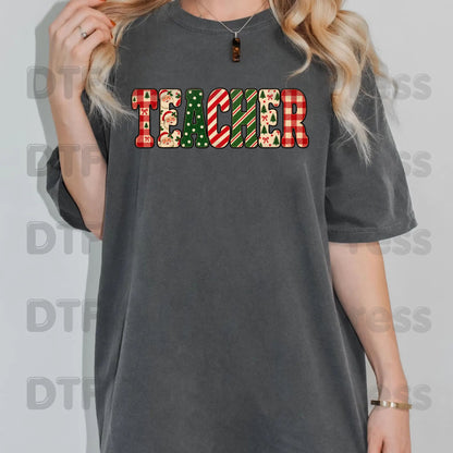 Christmas Teacher Santa Vintage DTF Transfers, School Plaid Stripes Holiday Ready to Press